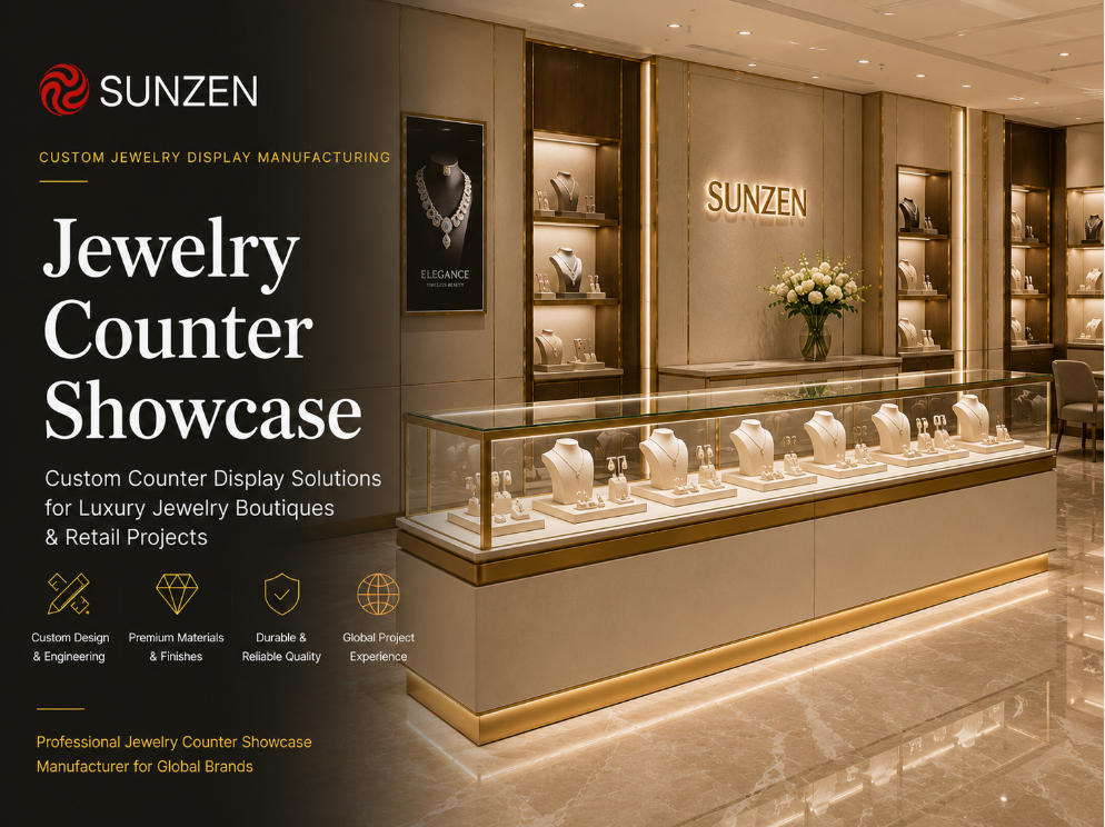 Luxury custom jewelry counter showcase manufactured by SUNZEN for jewelry boutiques